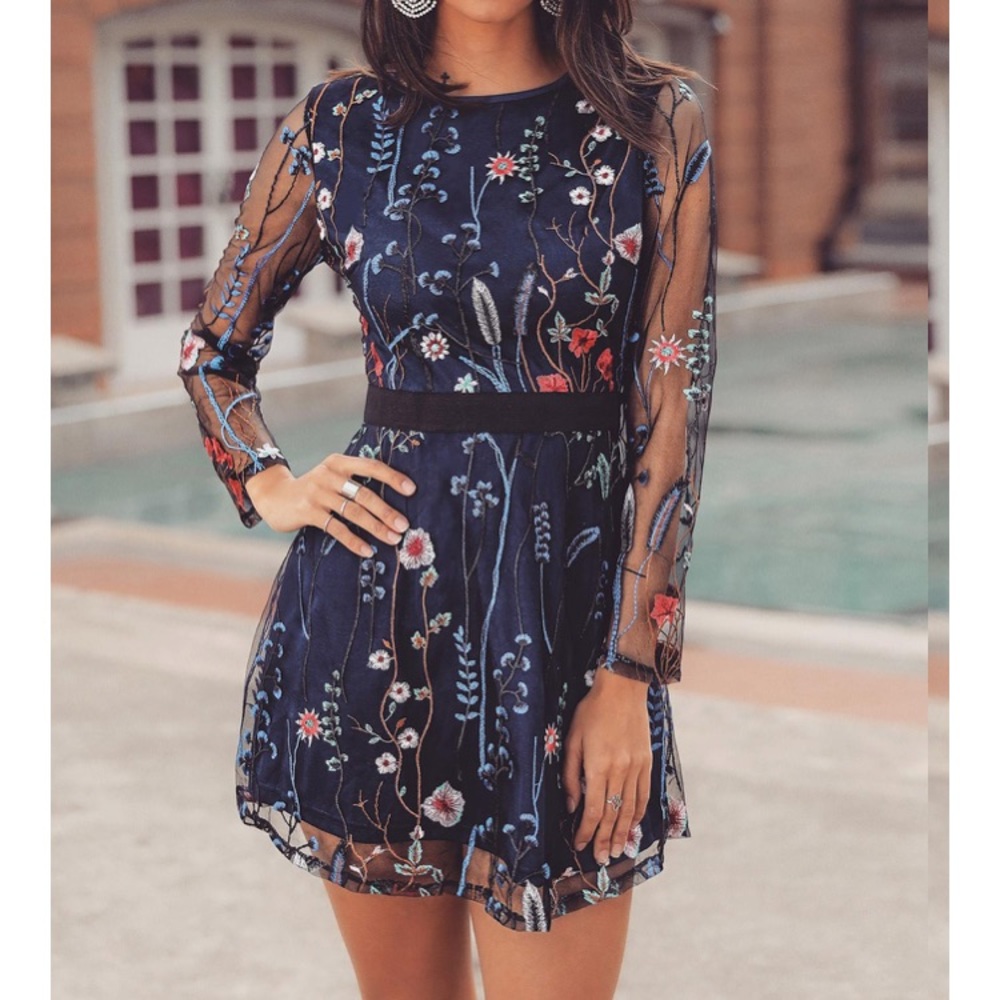 CBR Navy Floral Embroidered Long Sleeve Dress